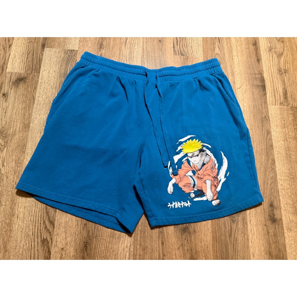 Naruto Sweat Shorts Mens XL Blue Adult Anime Graphic Drawstring Fleeced Good